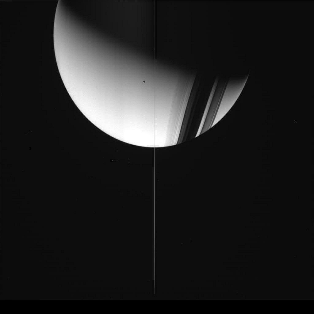Cassini image of Saturn, rings, Tethys, Pallene, and Pandora, January 2, 2006