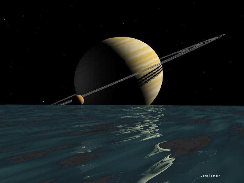 A Saturn-like planet rising over an oceanic moon. (40K JPEG).